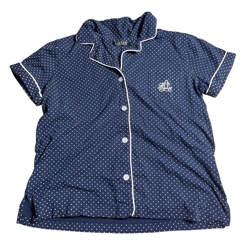 Lauren Ralph Lauren Navy Polka Dot Cotton Pajama Top Short Sleeve Size Medium